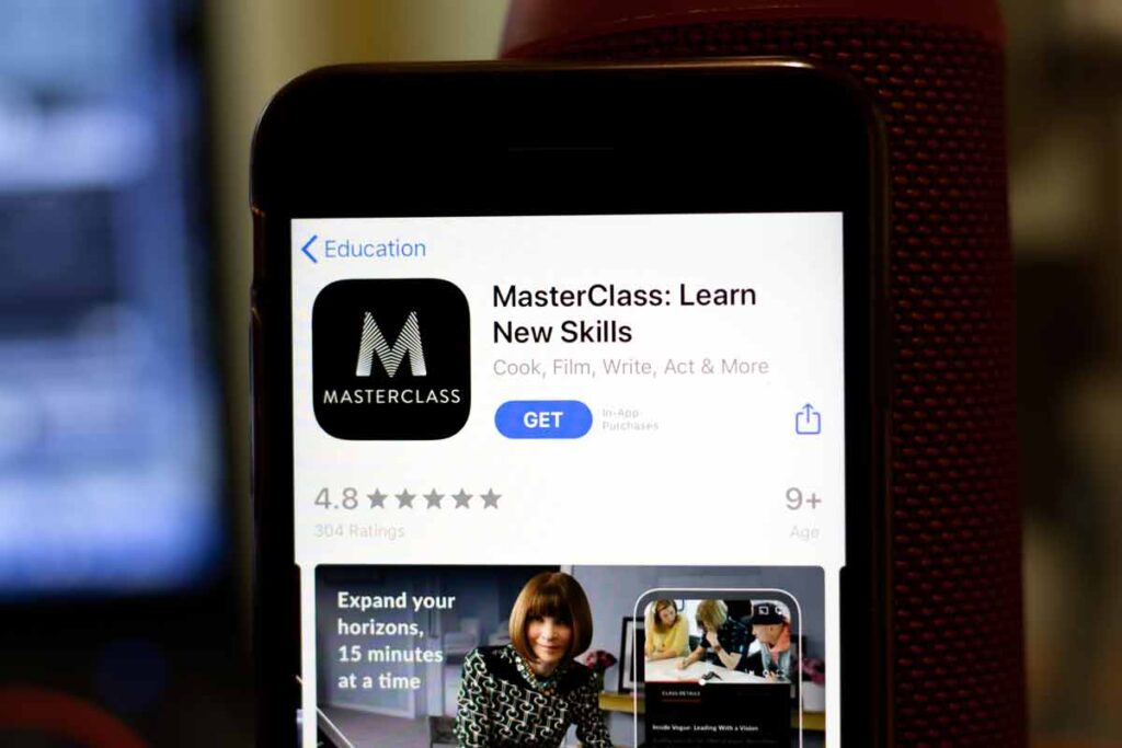 MasterClass app download page displayed on a smartphone screen, representing the MasterClass class action.