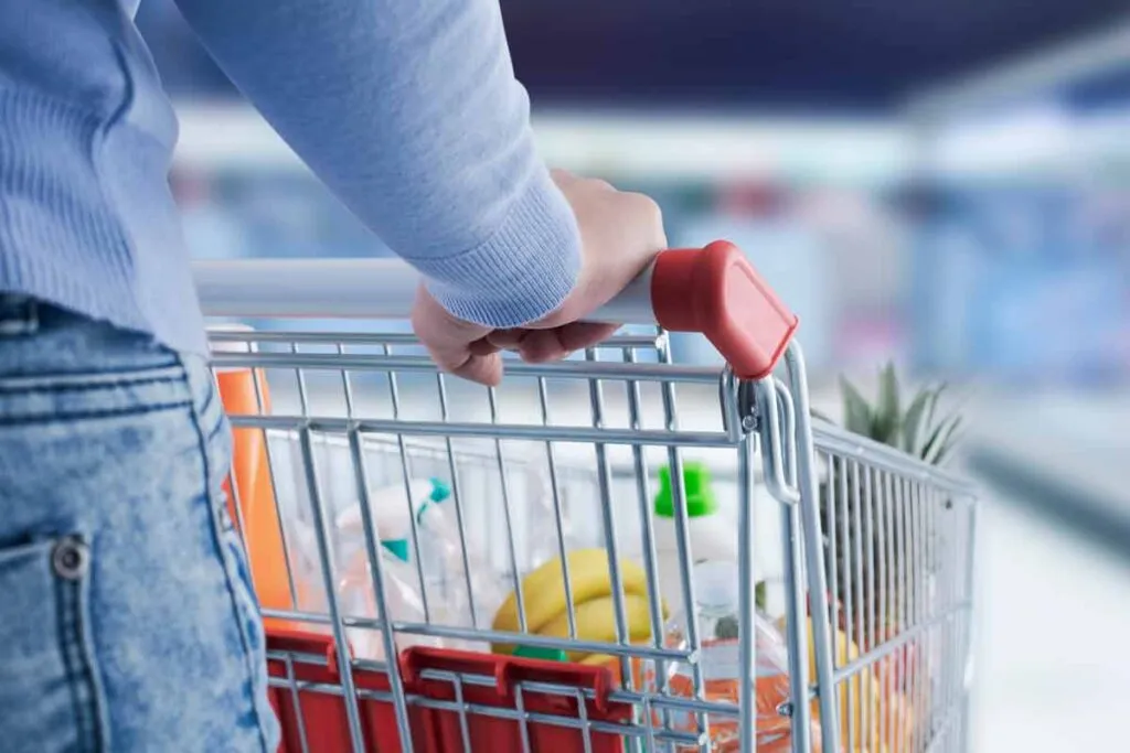 Close up of a woman pushing a shopping cart in a grocery store, representing top recalls for the week of Dec. 2.
