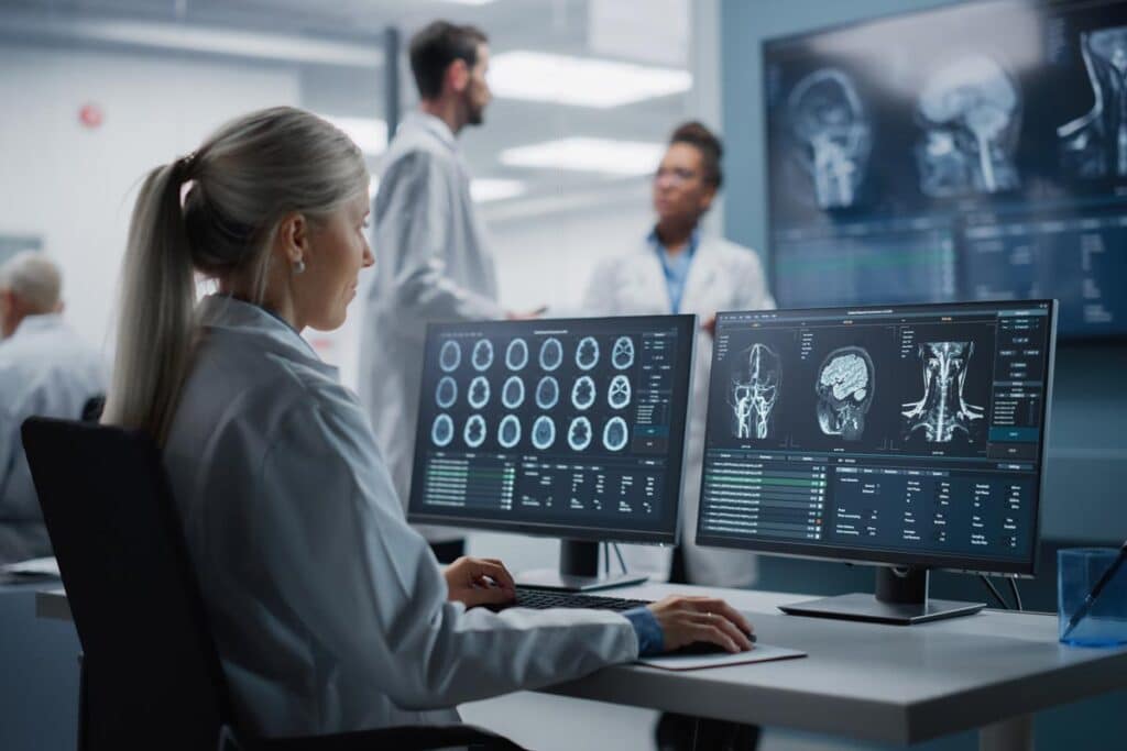 A radiologist using a computer, representing the Akumin class action.