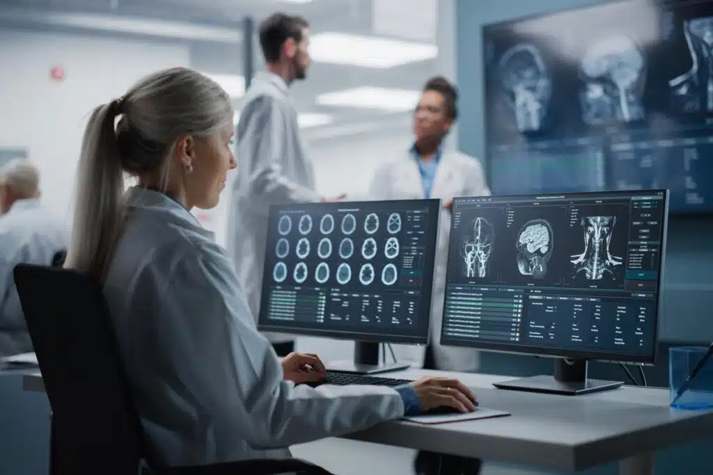 A radiologist using a computer, representing the Akumin class action.