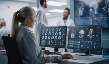 A radiologist using a computer, representing the Akumin class action.