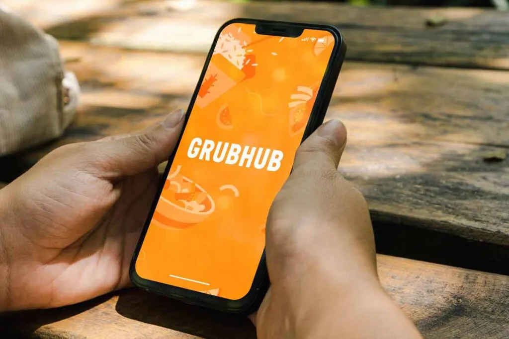 Close up of GrubHub app displayed on a smartphone screen, representing the GrubHub settlement.