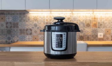 A pressure cooker on a kitchen counter, representing the Sunbeam pressure cooker verdict.