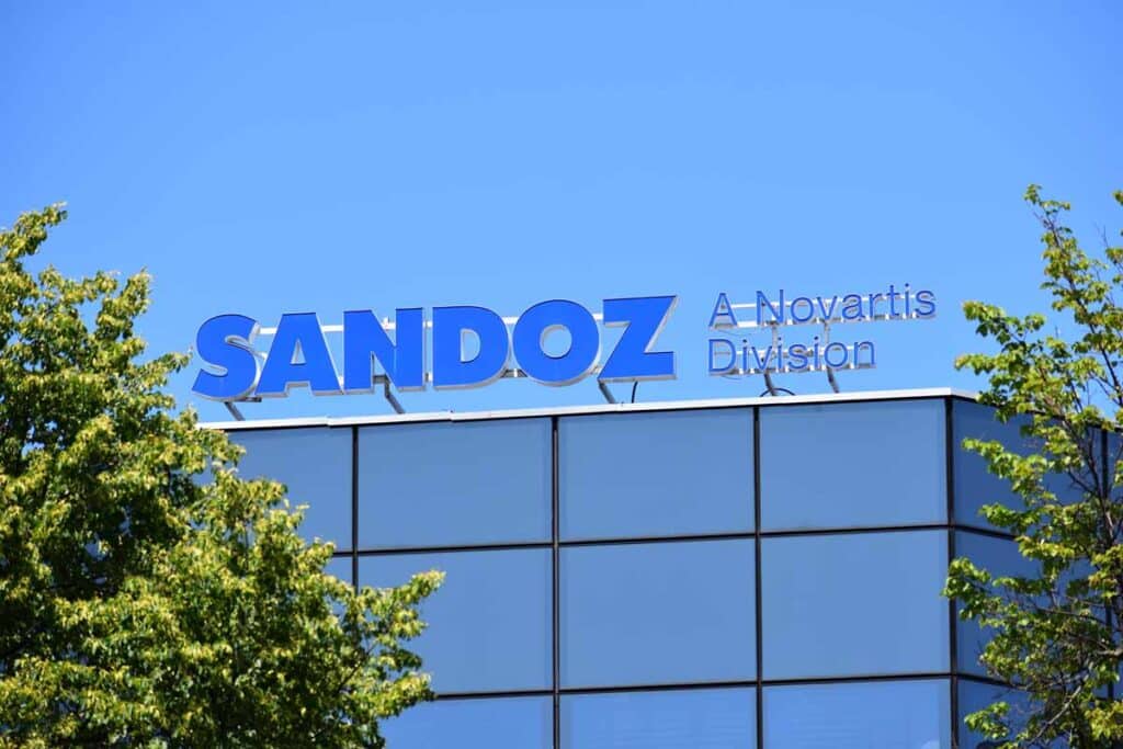Sandoz headquarters signage, representing the Sandoz settlement.