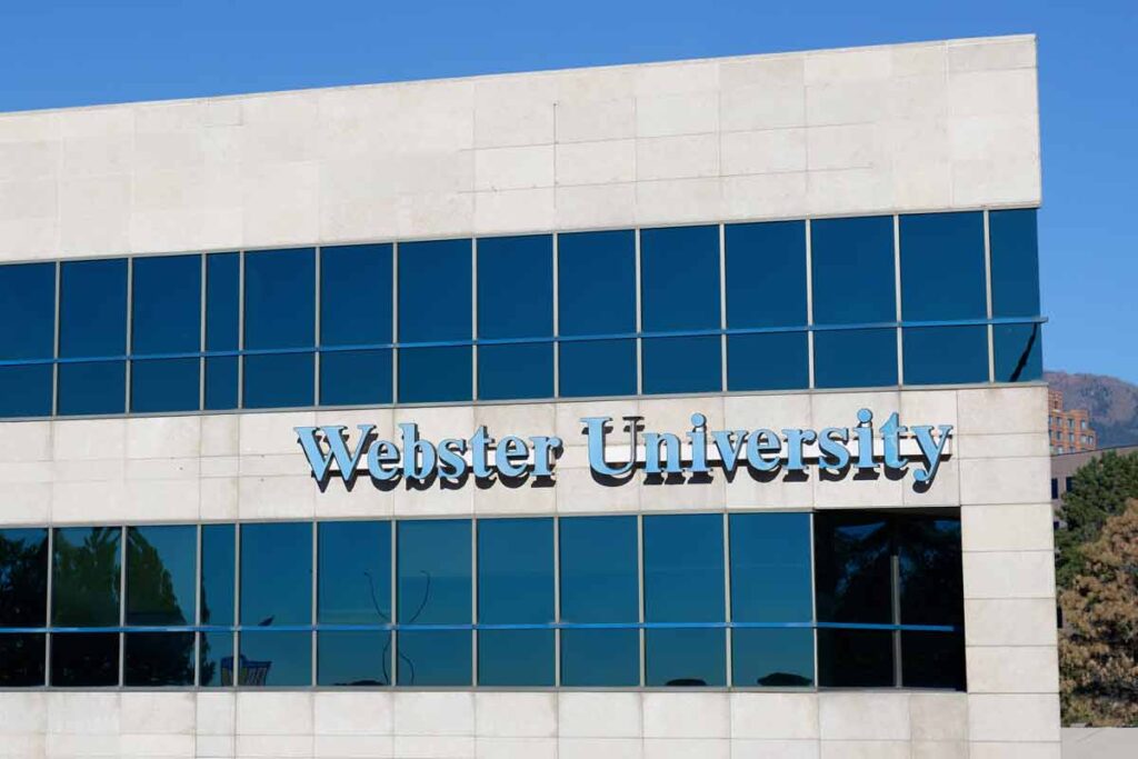Close up of Webster University signage, representing the Webster University settlement.