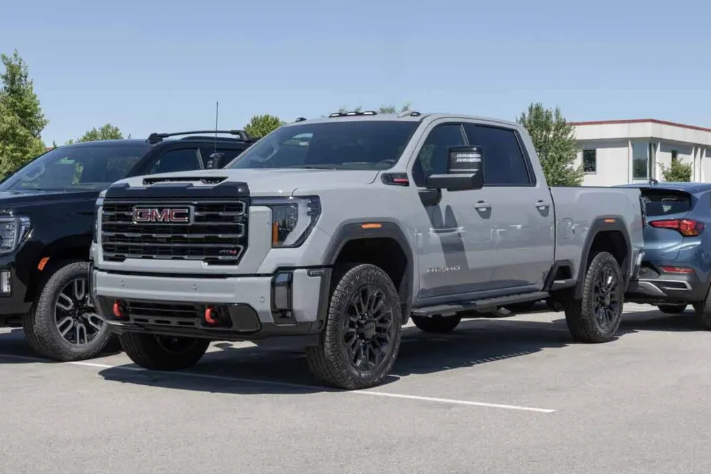 A gray GMC Sierra 2500 HD on display in a parking lot, representing the GM recall.