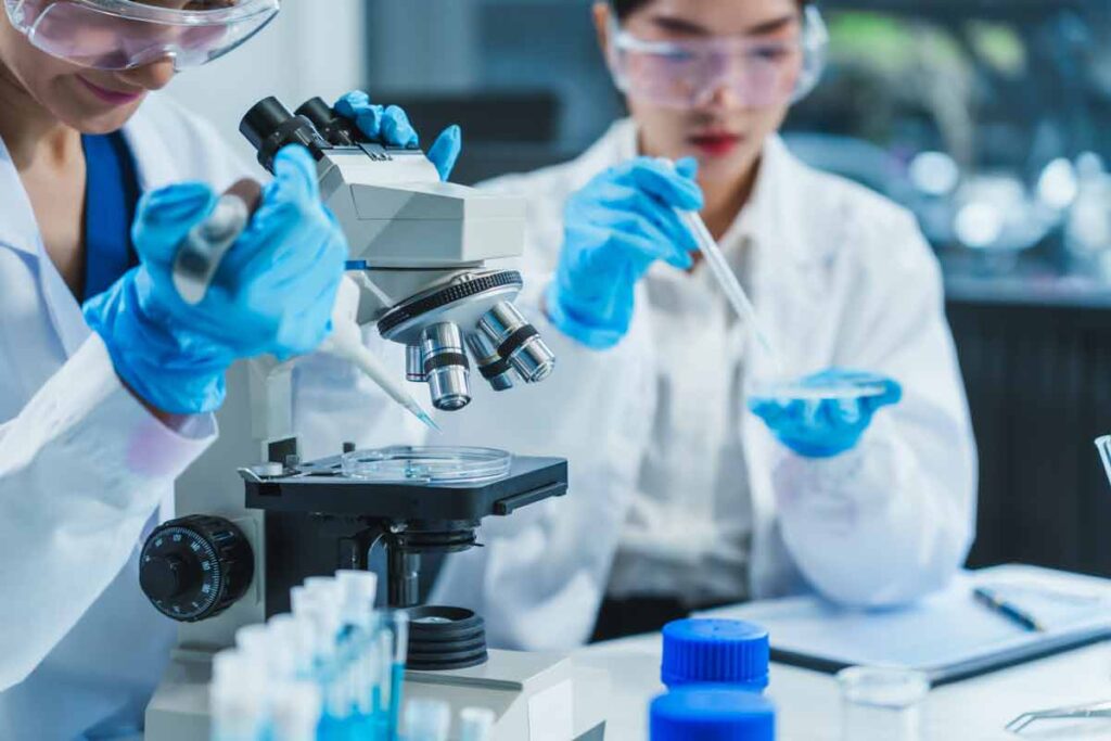 Two lab workers working in a lab, representing milk testing.