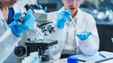Two lab workers working in a lab, representing milk testing.