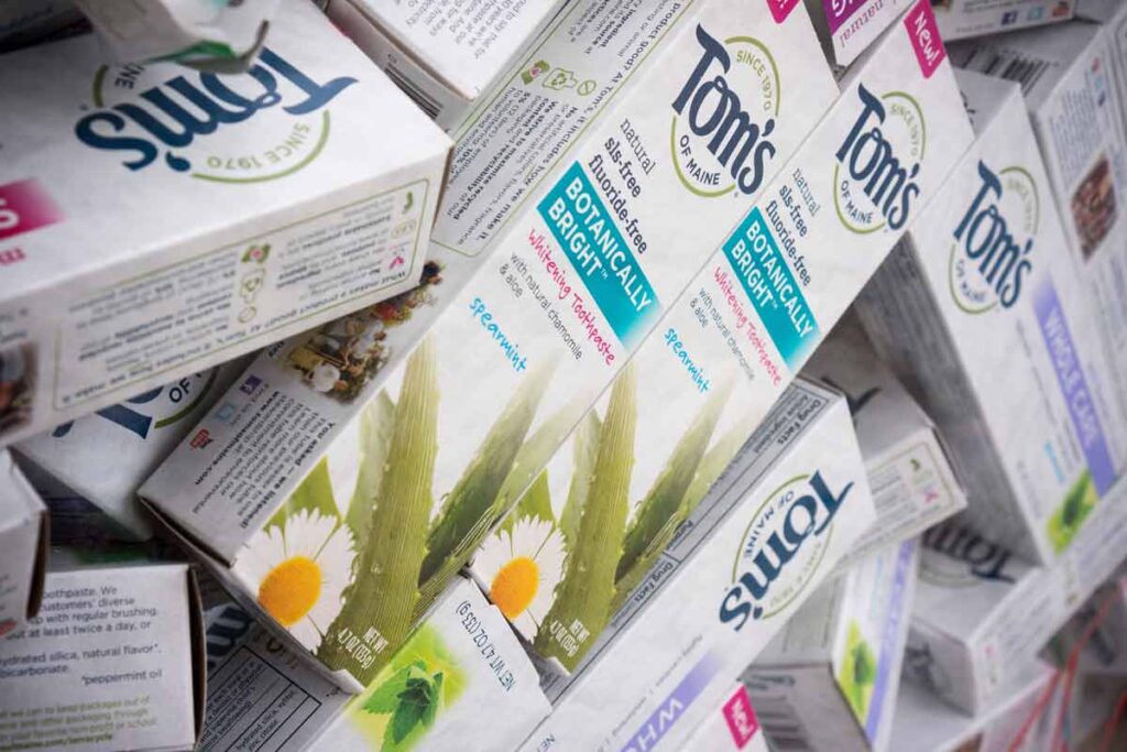 Close up of Tom's toothpaste packaging, representing bacteria in Tom's of Maine toothpaste.