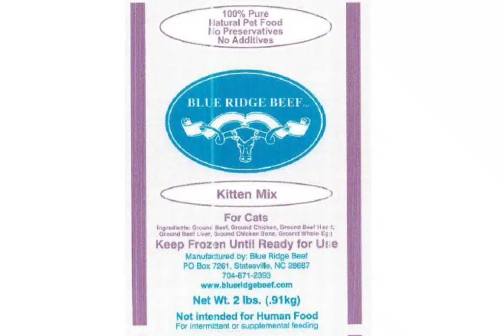 Product label of recalled kitten food, representing the Blue Ridge Beef recall.
