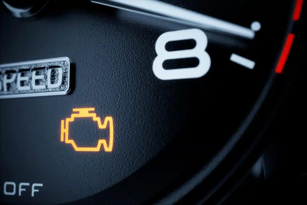 Close up of an illuminated engine light, representing the GM engine failure investigation.