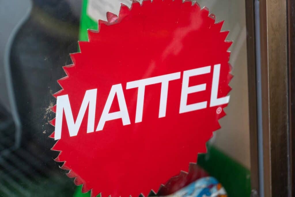 Close up of Mattel logo signage on a glass window, representing the Mattel class action.