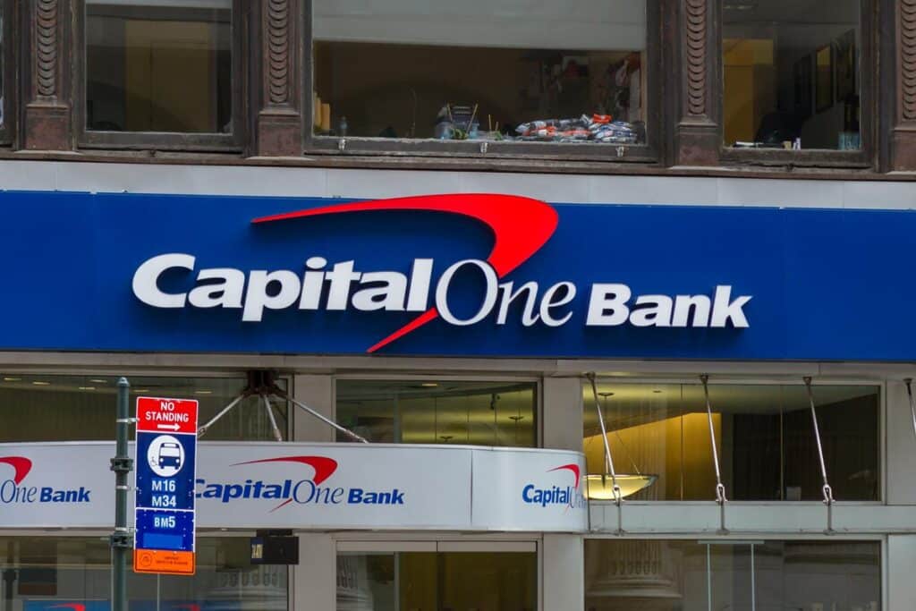 Close up of Capital One Bank signage, representing the Capital One class action.