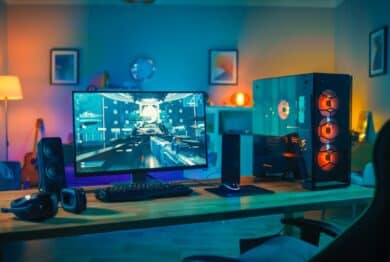 Powerful Personal Computer Gamer Rig with First-Person Shooter Game on Screen.