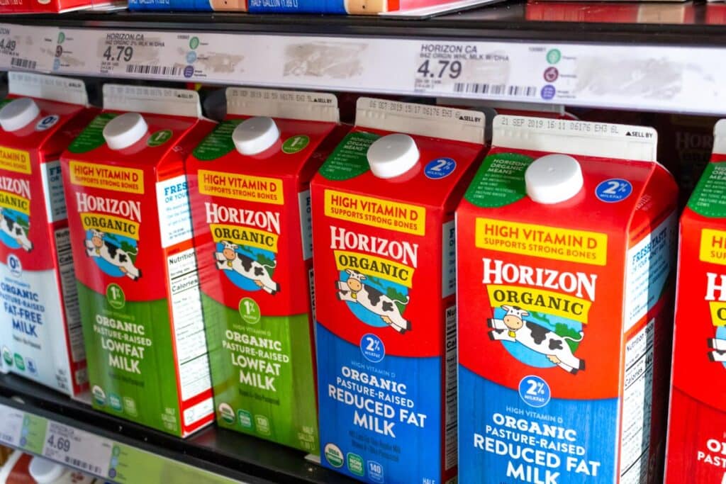 Horizon Dairy milk on display, representing the Horizon milk recall.