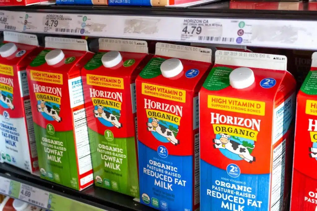 Horizon Dairy milk on display, representing the Horizon milk recall.
