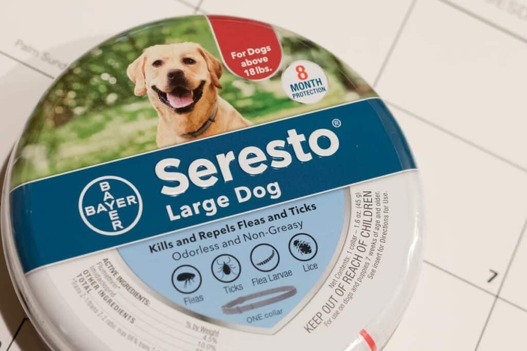 Close up of Seresto flea collar packaging, Seresto flea collar