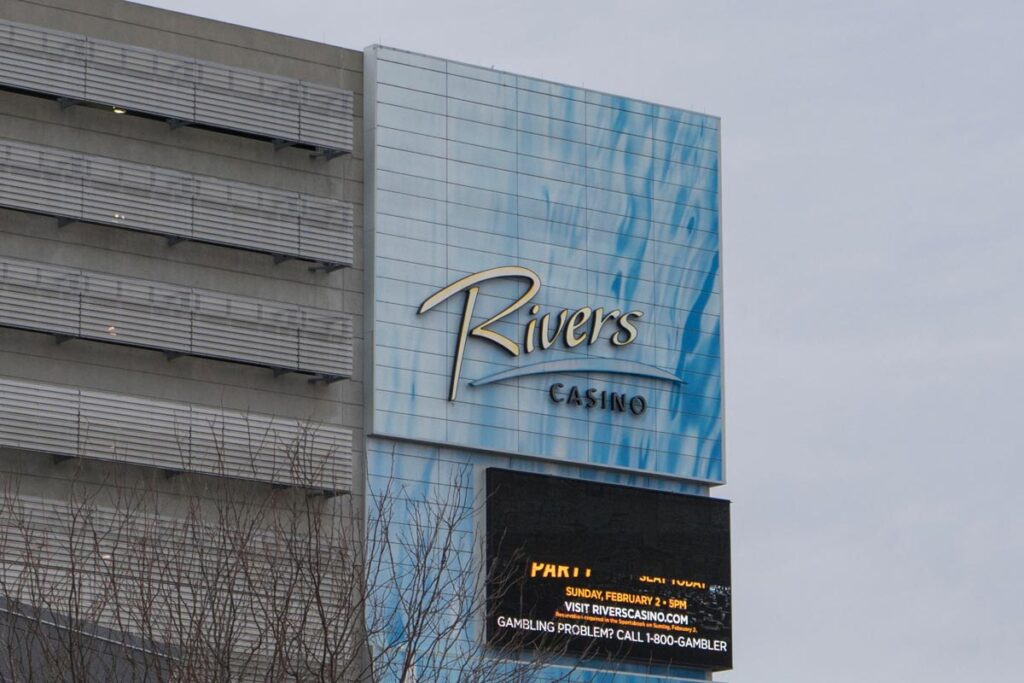 Close up of Rivers Casino signage, representing the Rivers Casino class action.