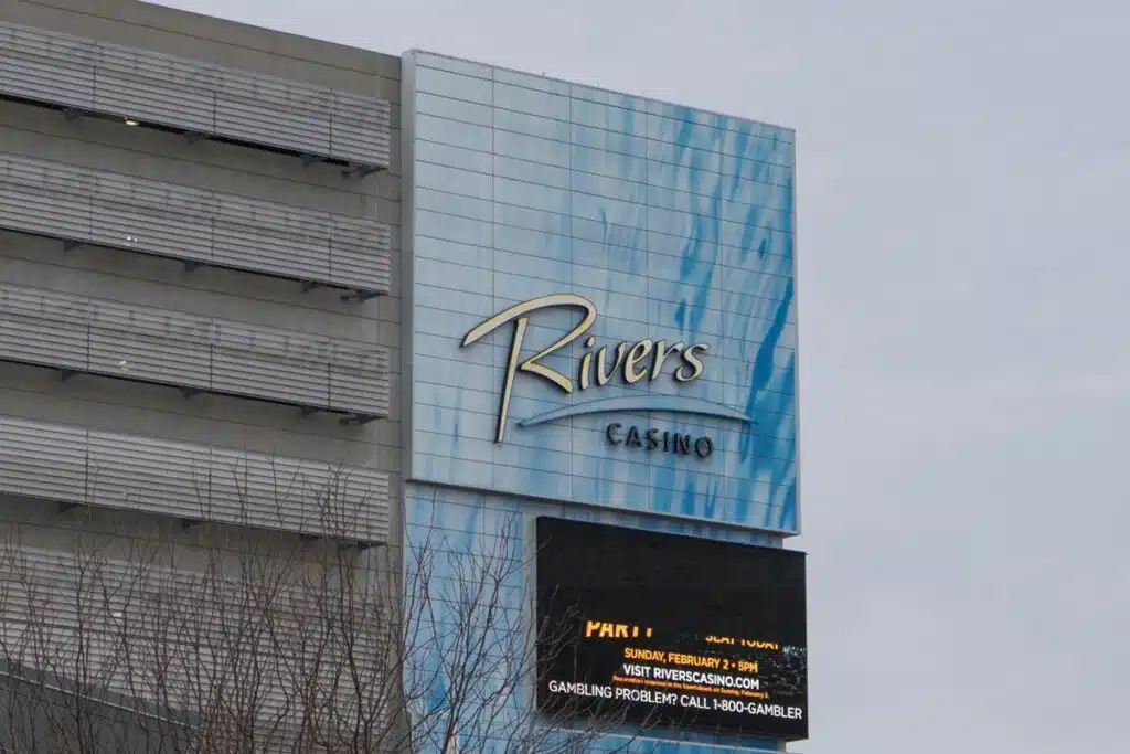 Close up of Rivers Casino signage, representing the Rivers Casino class action.