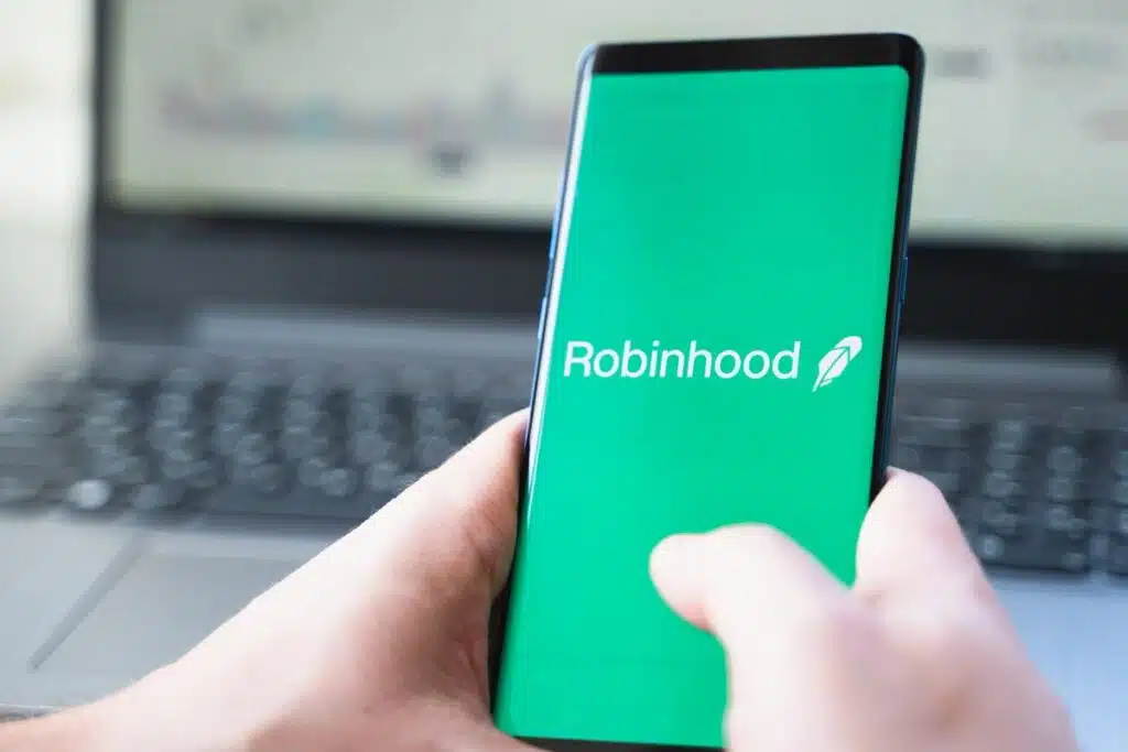 Robinhood logo displayed on a smartphone, representing the Robinhood fine.