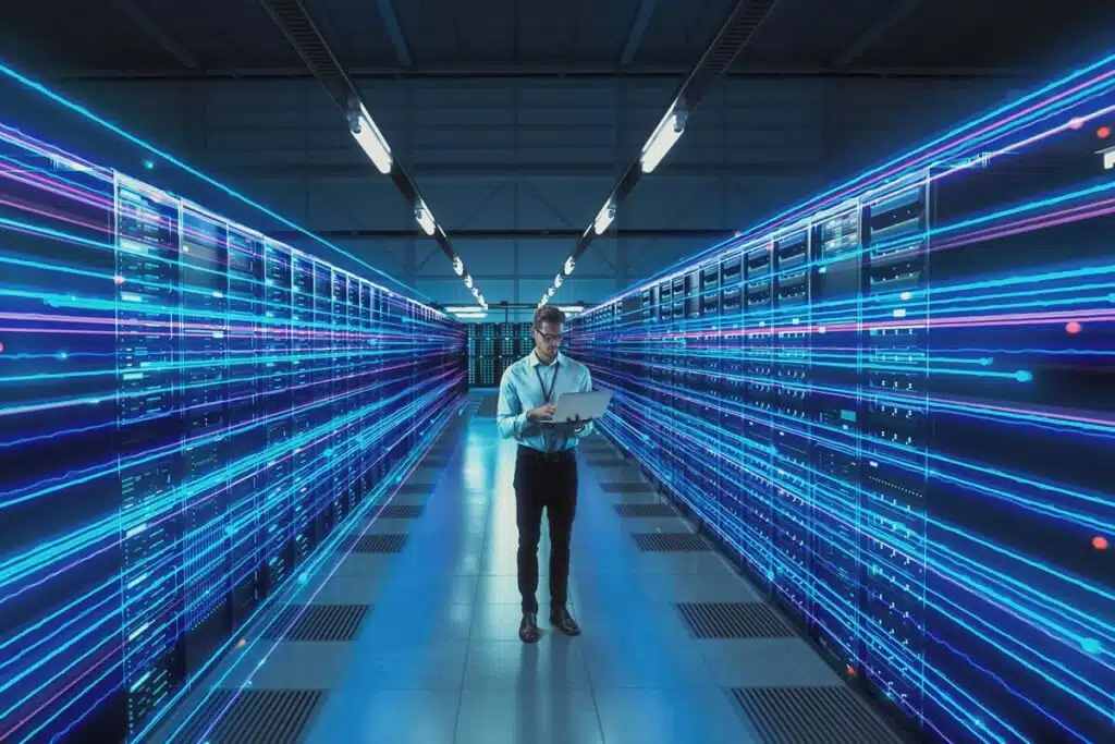 IT worker in a server room, representing data breach class actions.