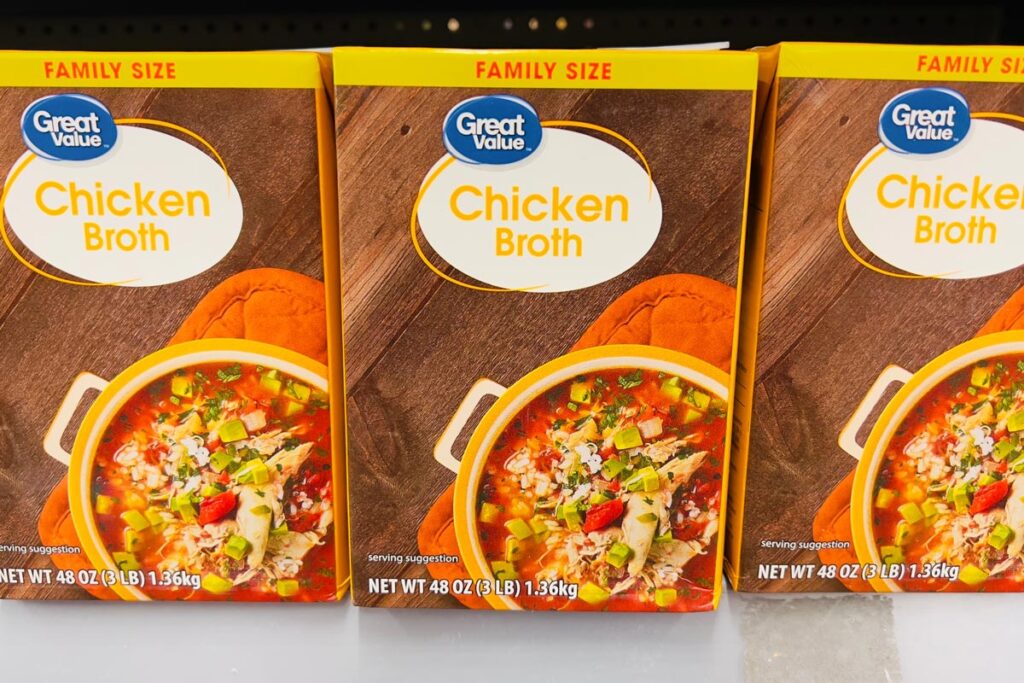 Great Value chicken broth products on a Walamrt store shelf, representing the Walmart recall.