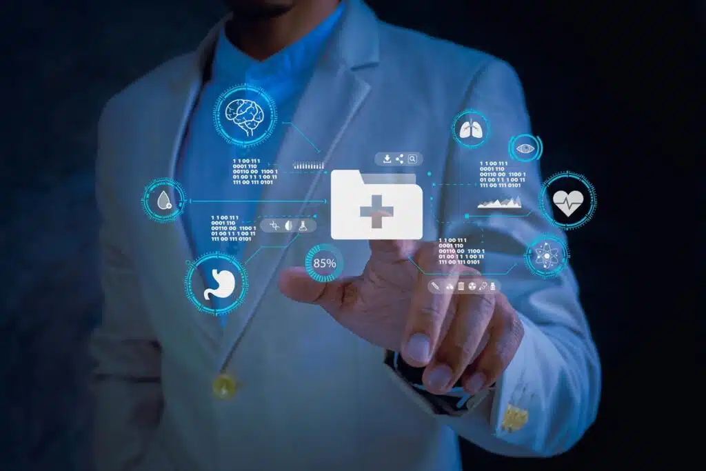 A doctor with a patient data overlay, representing the Upstream settlement.