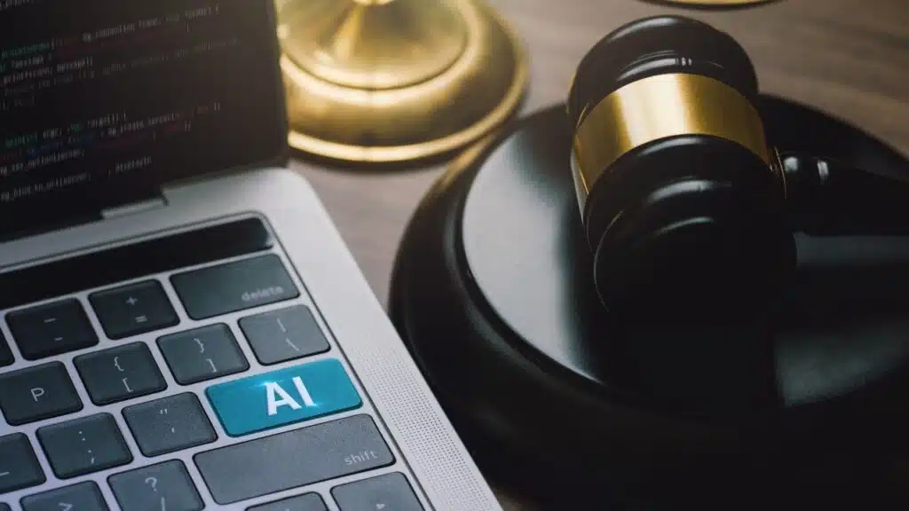 Ai text on the keyboard button for artificial intelligence law and online technology of legal law regulations.