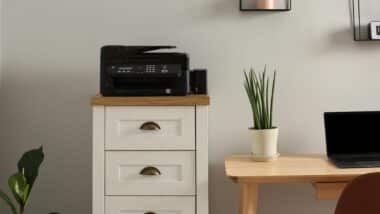A printer on top of furniture, representing the household products recalls and lawsuits.
