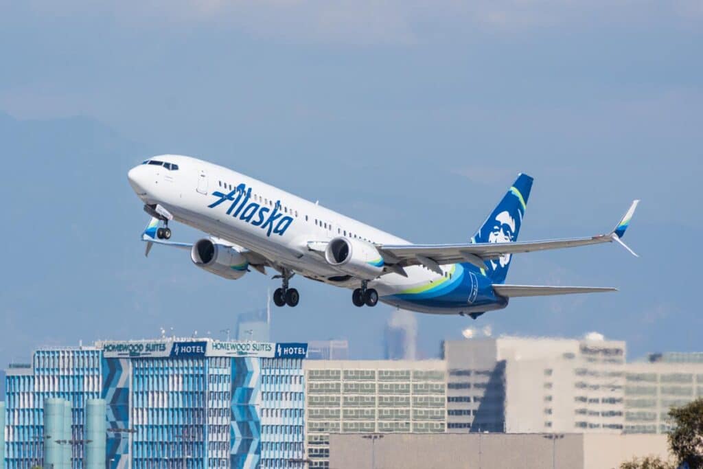 An Alaska Airlines plane taking off from an airport, representing the Alaska Air lawsuit.