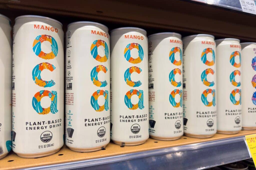 Oca energy drinks on a supermarket shelf, representing the Oca class action lawsuit.