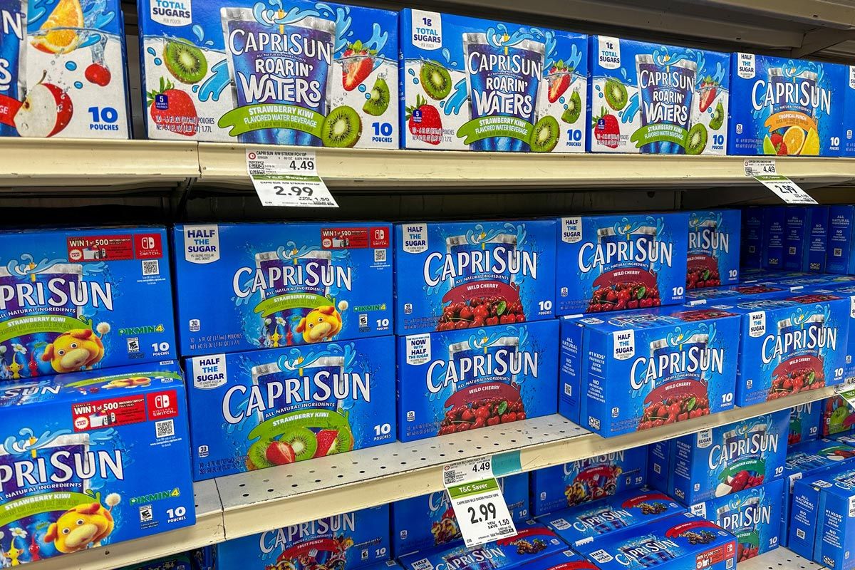 Capri-sun products on display at a supermarket, representing the Capri-Sun class action.