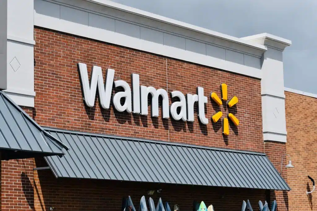 Close up of Walmart storefront signage, representing the Walmart class action.