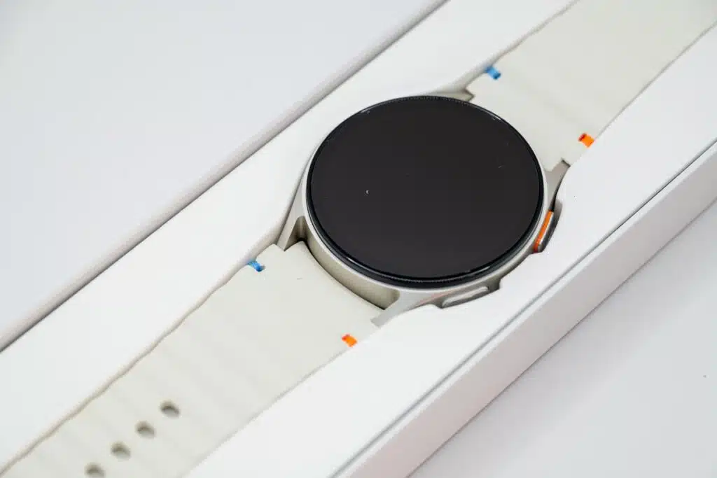 Close up of Samsung Galaxy watch in product packaging, representing Samsung Galaxy Watch bands.