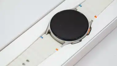 Close up of Samsung Galaxy watch in product packaging, representing Samsung Galaxy Watch bands.