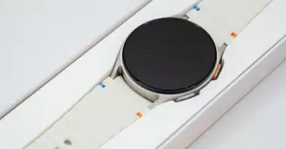 Close up of Samsung Galaxy watch in product packaging, representing Samsung Galaxy Watch bands.