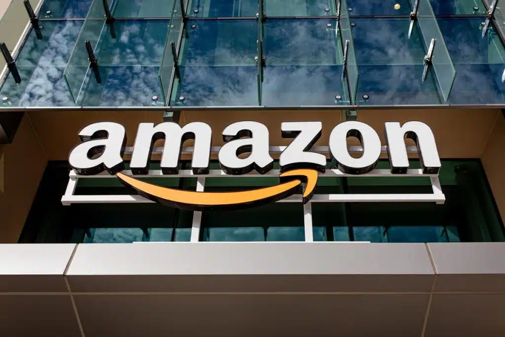 Close up of Amazon signage logo, representing Amazon class actions, recalls and data breaches.