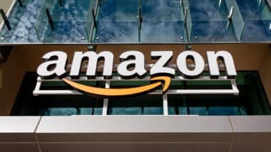 Close up of Amazon signage logo, representing Amazon class actions, recalls and data breaches.