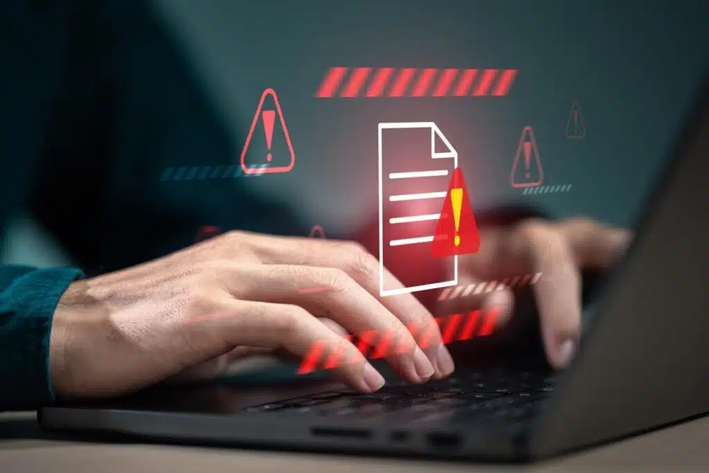 Hands typing on a laptop with a warning symbol, data representation overlay, representing the Vi settlement.