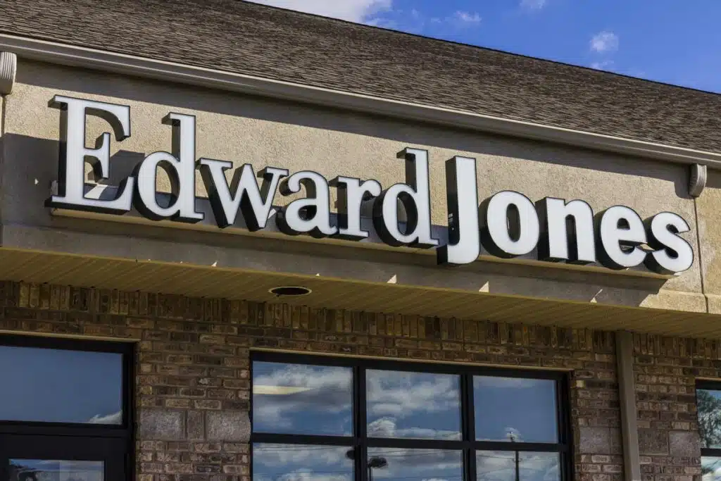 Close up of Edward Jones storefront signage, representing the Edward Jones fees.