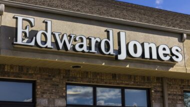 Close up of Edward Jones storefront signage, representing the Edward Jones fees.