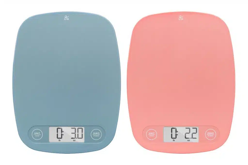 Product photo of recalled scale in two colors, representing the Greater Goods recall.