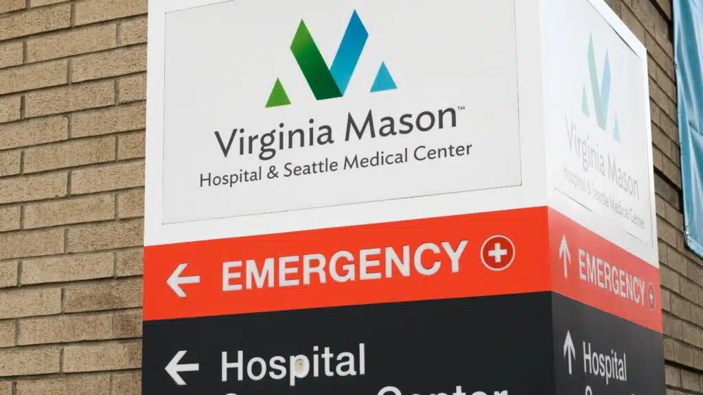 Sign for Virginia Mason Hospital and Emergency directions on First Hill in Seattle