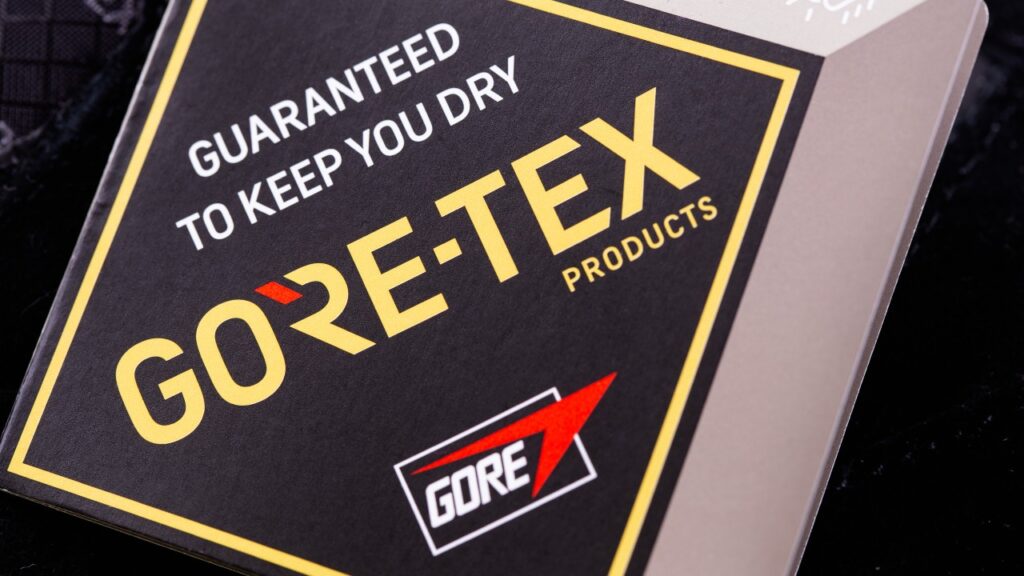 Gore-Tex membrane fabric tag closeup, macro. Gore-Tex is a membrane fabric manufactured by W. L. Gore and Associates.