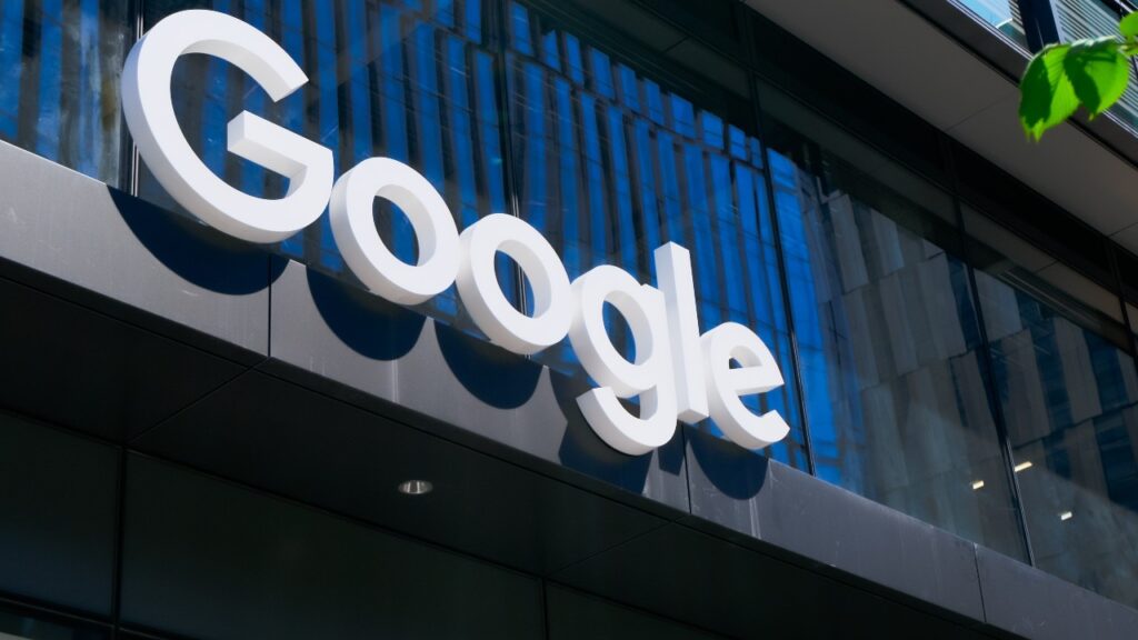 General view of the Google logo sign on an office building