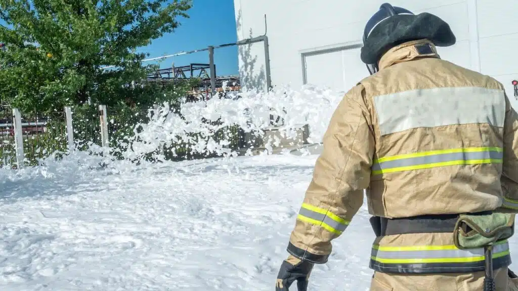 The firefighter is wearing protective clothing and a helmet. Foam for extinguishing the fire. Foam fire extinguishing technology.