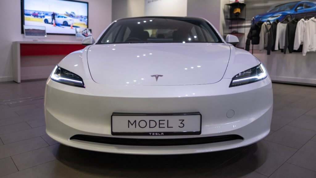 white electric Tesla car model 3
