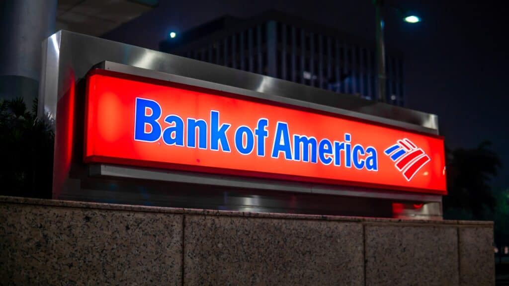 Bank of America sign in downtown during nighttime.