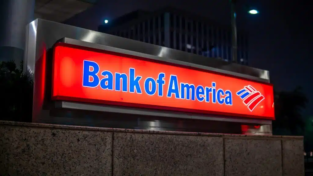 Bank of America sign in downtown during nighttime.