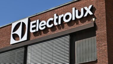 A wall sign for Swedish appliance manufacturer Electrolux at the company headquarters in Stockholm, Sweden.
